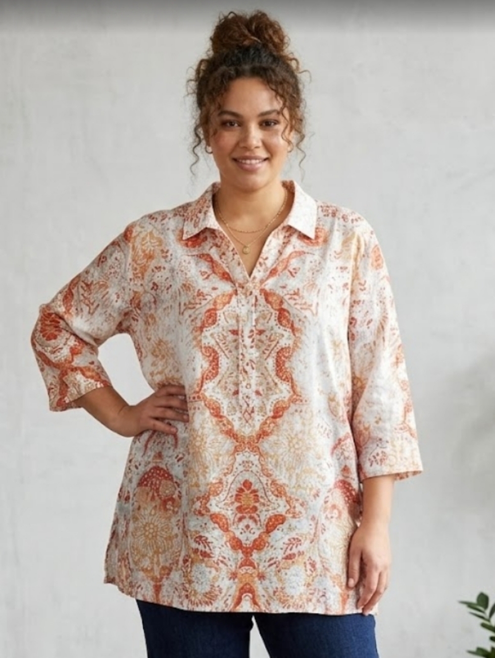 Chico's Paisley Print Linen‎ Tunic Top in Rust and Cream Size 16/18